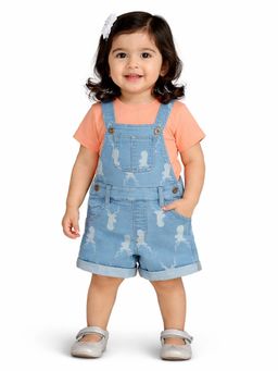 Bloom Up - Light Blue Denim Dungaree Shorts Set With T-Shirt
