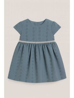 Bloom Up - Teal Blue Eyelet Cotton Dress With Pom-Pom Waist Detail