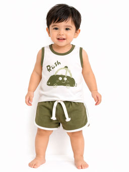 Bloom Up - Olive Green Car Print Sleeveless Kids Co-Ord Set
