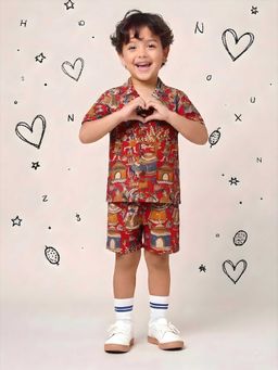 AJ Dezines - Red Tribal Print Pure Cotton Boys Co-Ords For Boys