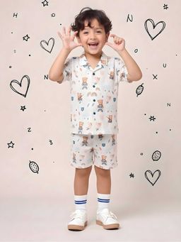 AJ Dezines - White Teddy Printed Pure Cotton Boys Co-Ords For Boys