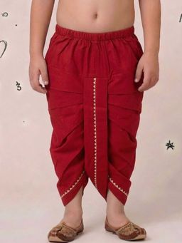 AJ Dezines - Red Solid With Gotta Lace Pure Cotton Dhoti For Boys