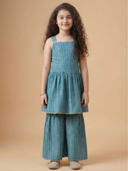 AJ Dezines - Blue Bandhani Printed Cotton Girls Suit Set For Girls