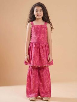 AJ Dezines - Pink Bandhani Printed Cotton Girls Suit Set For Girls
