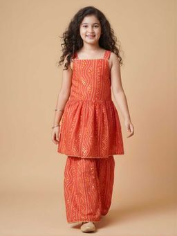 AJ Dezines - Red Bandhani Printed Cotton Girls Suit Set For Girls