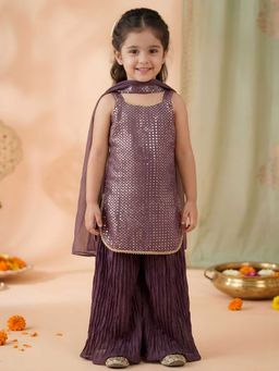 AJ Dezines - Purple Gorgette Sleeveless All Over Sequins Embroidered Girls Suit Set