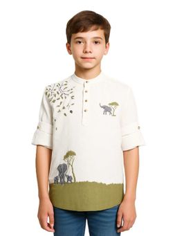 CHARCHIT - Boys Nature-Inspired Placement Print Mandarin Collar Short Kurta Shirt