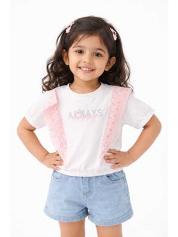 Bloom Up - White & Pink Lace Panel Kids T-Shirt