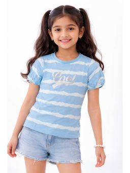 Bloom Up - Blue Striped Kids T Shirt Soft Cotton Puff Sleeve Summer Wear For Girls