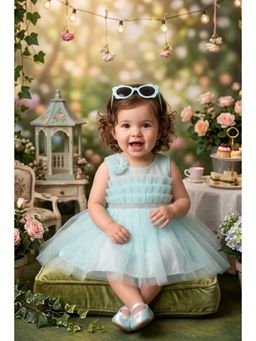 Blabber - Woven Sleeveless Party Frock With Floral Applique And Booties - Blue