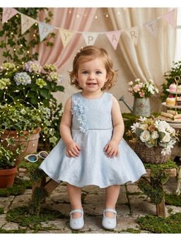 Blabber - Woven Sleveless Party Dress With Floral Embroidery & Booties - Blue