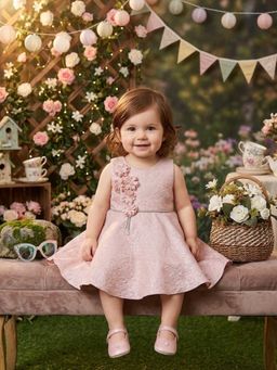 Blabber - Woven Party Dress With Floral Embroidery & Booties - Pink