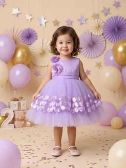 Blabber - Sleeveless 3D Designe And Flower Detailing Flared Party Frock - Lavender