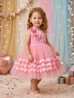 Blabber - Sleeveless 3D Designe And Flower Detailing Flared Party Frock - Pink