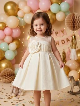 Blabber - Woven Sleeveless Textured Party Wear Frock With Floral Applique - Off White