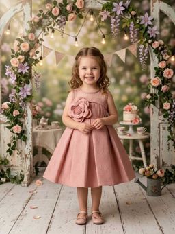 Blabber - Woven Sleeveless Textured Party Wear Frock With Floral Applique - Blush Pink