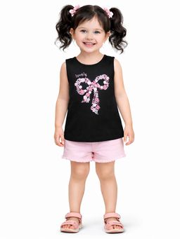 Bloom Up - Black Lovely Floral Bow T-Shirt For Girls