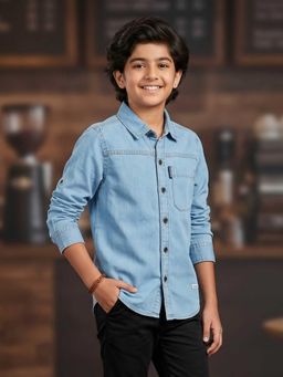 KiddoPanti - Boys Denim Woven Full Sleeves Solid Shirt With Pocket