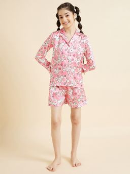Cherry & Jerry - Girls Pink Printed Shirt and Shorts Night suits (Set of 2)