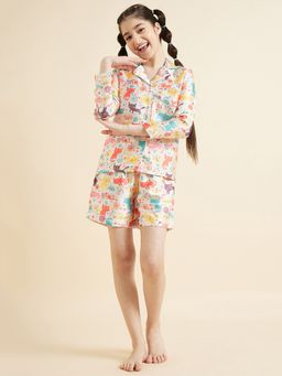 Cherry & Jerry - Girls Off White Printed Shirt and Shorts Night suits (Set of 2)
