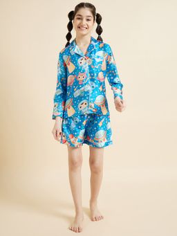Cherry & Jerry - Girls Blue Printed Shirt and Shorts Night suits (Set of 2)