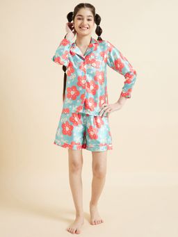 Cherry & Jerry - Girls Blue Printed Shirt and Shorts Night suits (Set of 2)