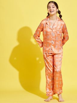Cherry & Jerry - Girls Orange Printed Shirt and Pyjamas Night suits (Set of 2)