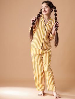 Cherry & Jerry - Girls Yellow Striped Shirt and Pyjamas Night suits (Set of 2)