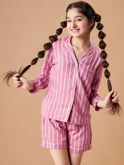 Cherry & Jerry - Girls Pink Striped Shirt and Shorts Night suits (Set of 2)