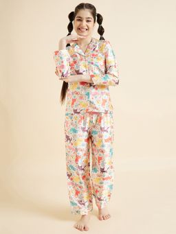 Cherry & Jerry - Girls Off White Printed Shirt and Pyjamas Night suits (Set of 2)