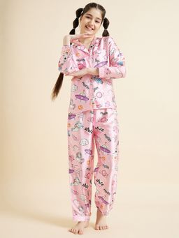 Cherry & Jerry - Girls Pink Printed Shirt and Pyjamas Night suits (Set of 2)