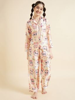Cherry & Jerry - Girls Cream Printed Shirt and Pyjamas Night suits (Set of 2)