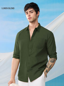 The Souled Store - Original Solids: Olive Men Cotton Linen Shirts