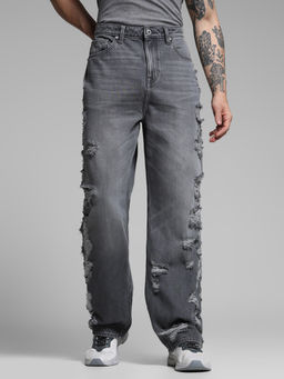 Jack & Jones - Grey Solid Cotton Loose Jeans