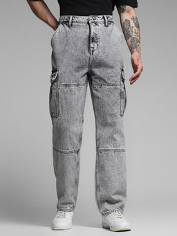 Jack & Jones - Grey Solid Cotton Loose Jeans