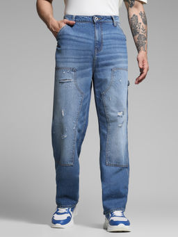 Jack & Jones - Blue Solid Cotton Loose Jeans