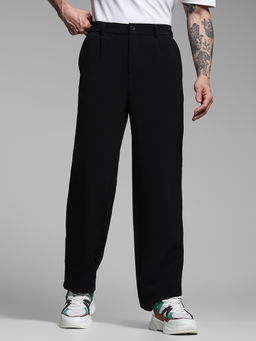 Jack & Jones - Black Solid Polyester Blend Loose Trouser