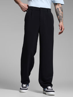 Jack & Jones - Navy Blue Solid Polyester Blend Loose Trouser