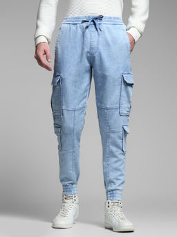 Jack & Jones - Blue Solid Cotton Blend Regular Jeans