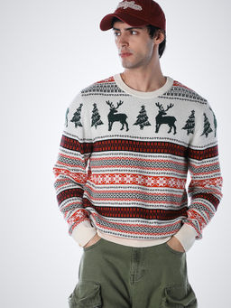 Jack & Jones - White Self Design Cotton Blend Regular Sweater