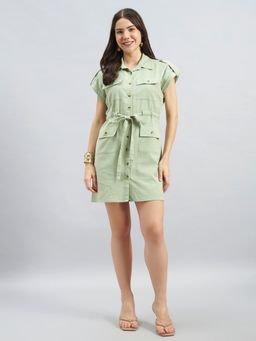 Twenty Dresses by Nykaa Fashion - Sage Green Cotton Flax Utility Shirt Dress