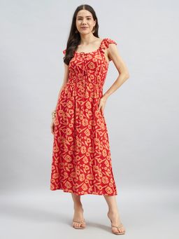 Twenty Dresses by Nykaa Fashion - Red Floral Printed Viscose Flex Sleeveless Midi Dress
