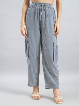 Twenty Dresses by Nykaa Fashion - Blue White Pinstripe Viscose Flex Cargo Pant