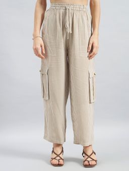 Twenty Dresses by Nykaa Fashion - Beige White Pinstripe Viscose Flex Cargo Pant