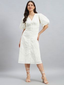 Twenty Dresses by Nykaa Fashion - White Schiffli Embroidered Puff Sleeve Cotton Midi Dress