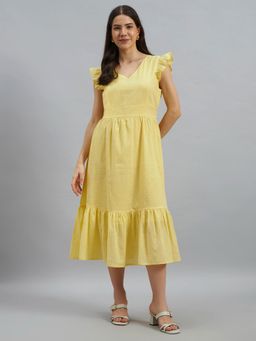 Twenty Dresses by Nykaa Fashion - Yellow Self Design Cotton Midi Dress with Flutter Sleeves