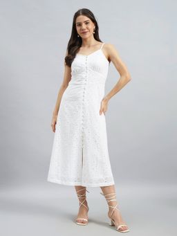 Twenty Dresses by Nykaa Fashion - White Schiffli Embroidered Cotton Strappy Midi Dress