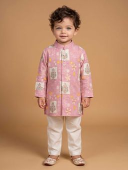 ETHNIKS NEURON - Boys Pink Mandarin Collar Kurta Set with Pyjama Pants