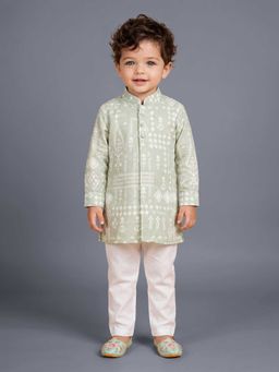 ETHNIKS NEURON - Boys Green Mandarin Collar Kurta Set with Pyjama Pants