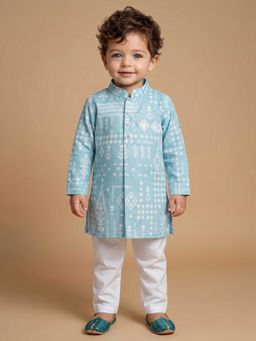 ETHNIKS NEURON - Boys Blue Mandarin Collar Kurta Set with Pyjama Pants
